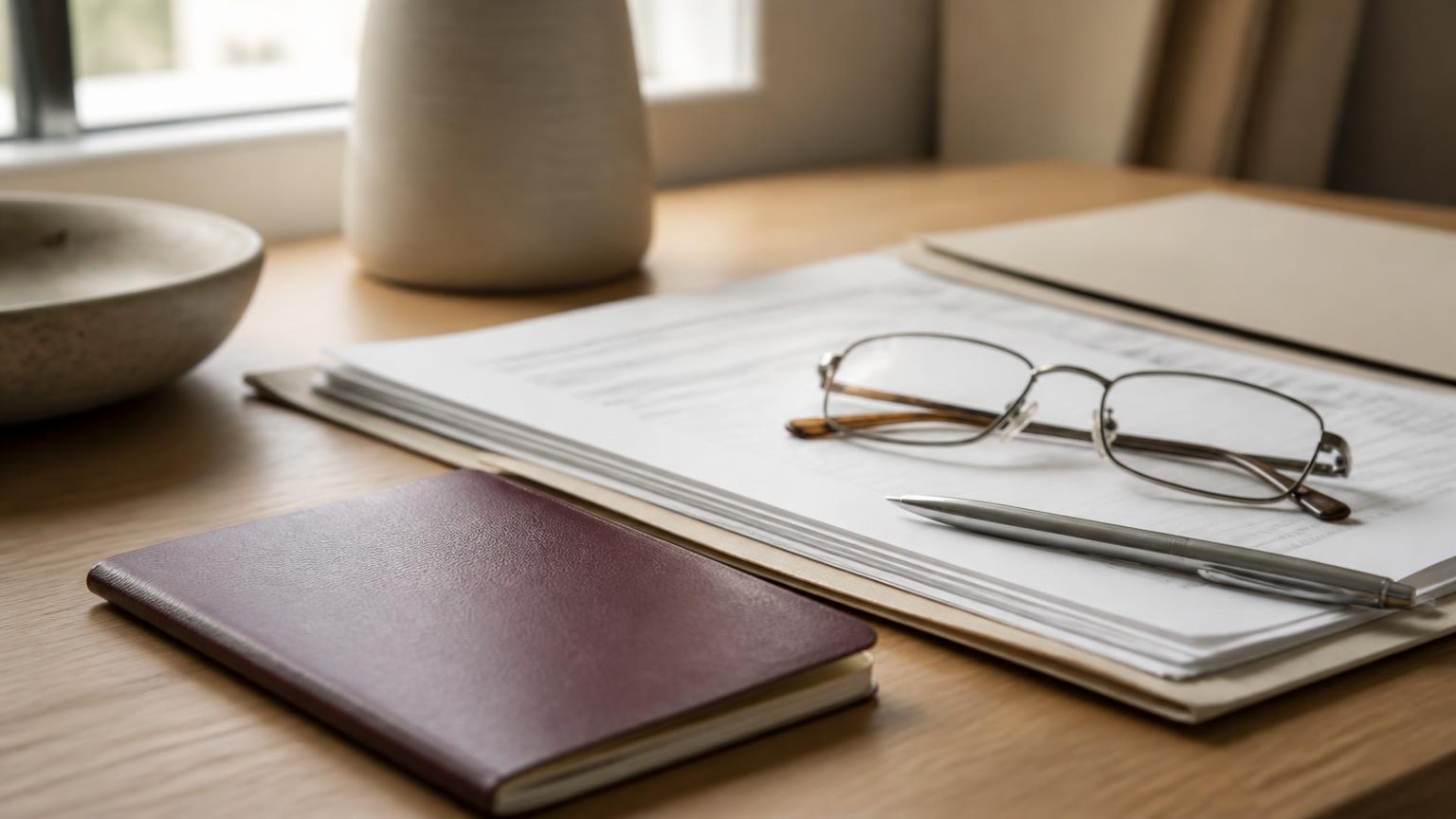 Paspoort, map met documenten, leesbrille en pen op een houten bureau bij daglicht