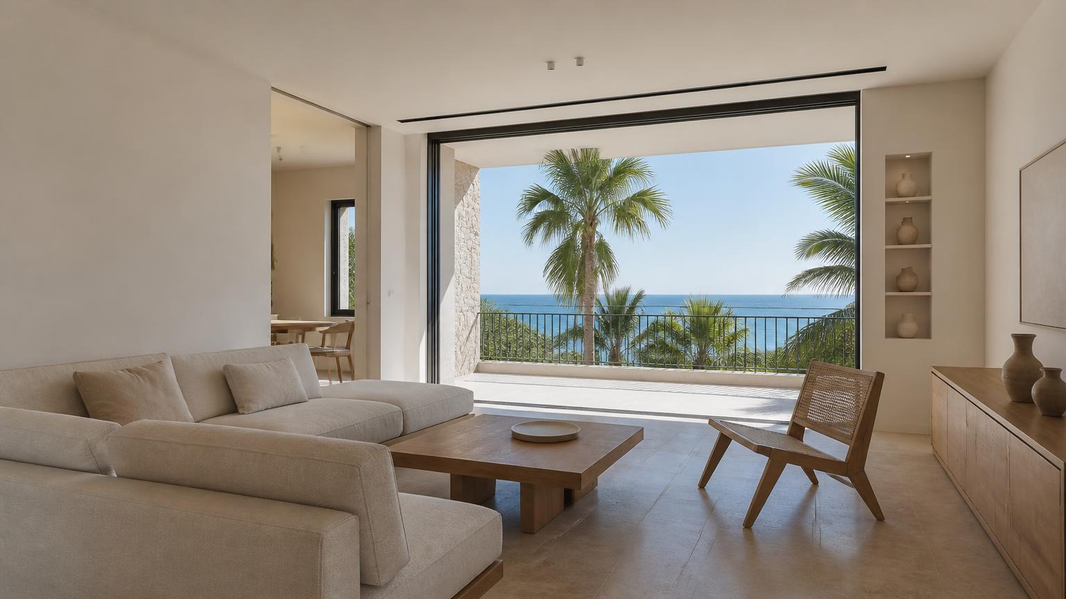 Licht ingericht appartement met linnen bank en open schuifdeuren naar een balkon met palmen en zee