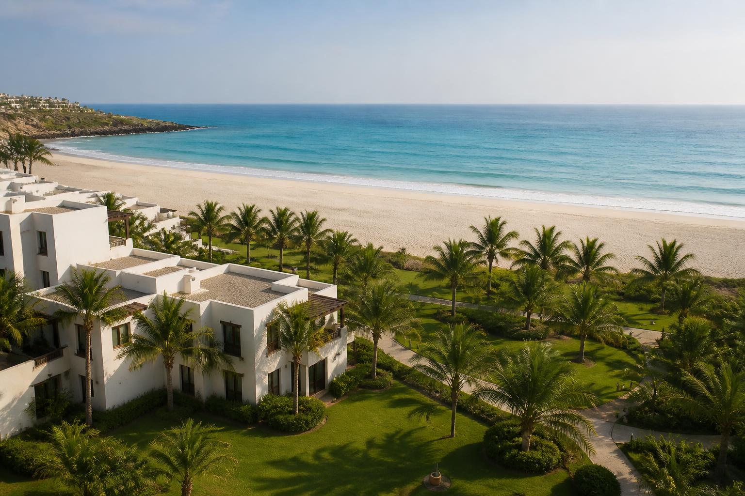 Witte serviced residence in Salalah tussen kokospalmen en groen gazon aan een breed leeg strand